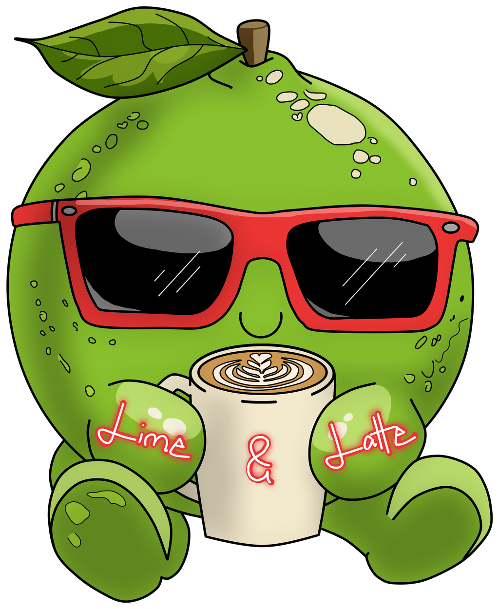 Lime & Latte mascot — a lime wearing red sunglasses, sipping a latte