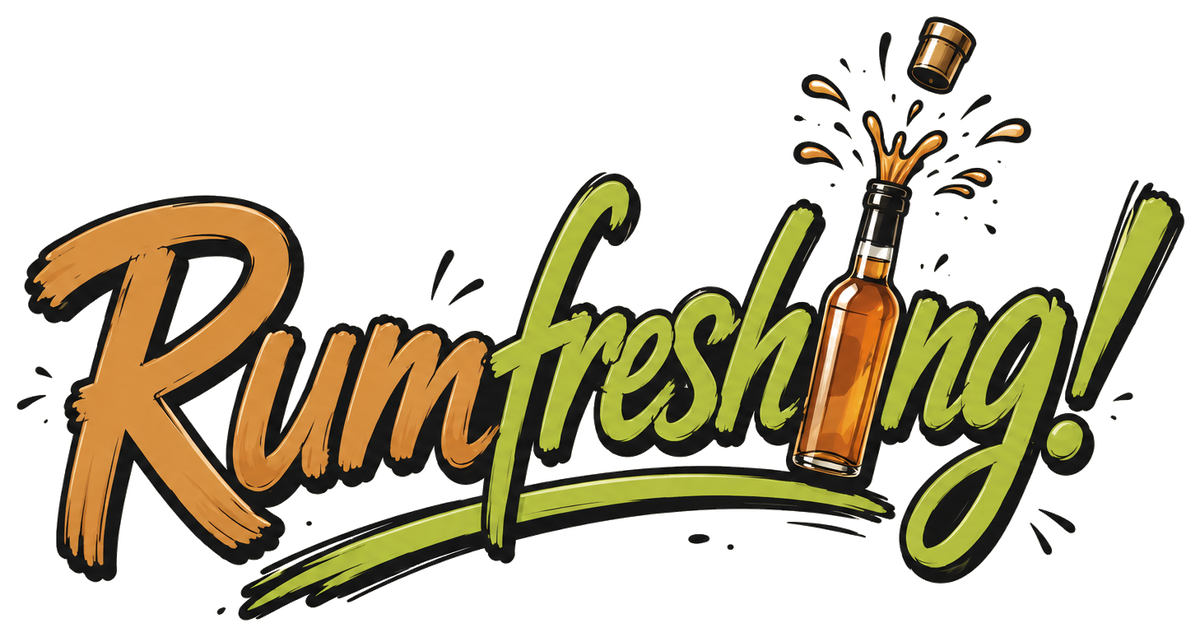 Rumfreshing! — hand-lettered wordmark with a popping rum bottle